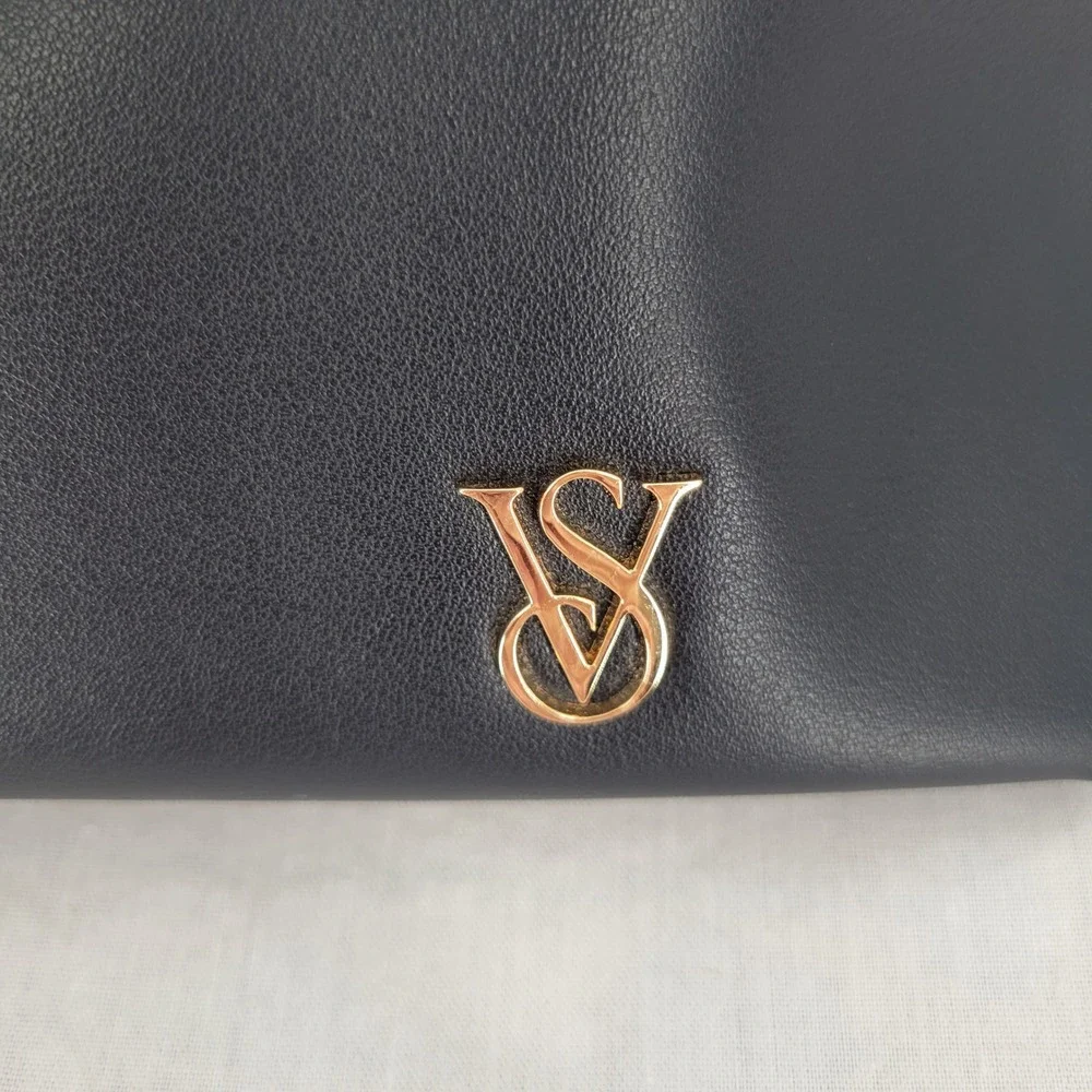 Victoria's Secret Black Faux Leather Bow Shoulder Bag Hobo VS Gold Logo